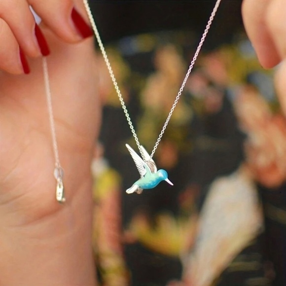 Blue and Green Hummingbird Pendant Necklace - Picture 4 of 6